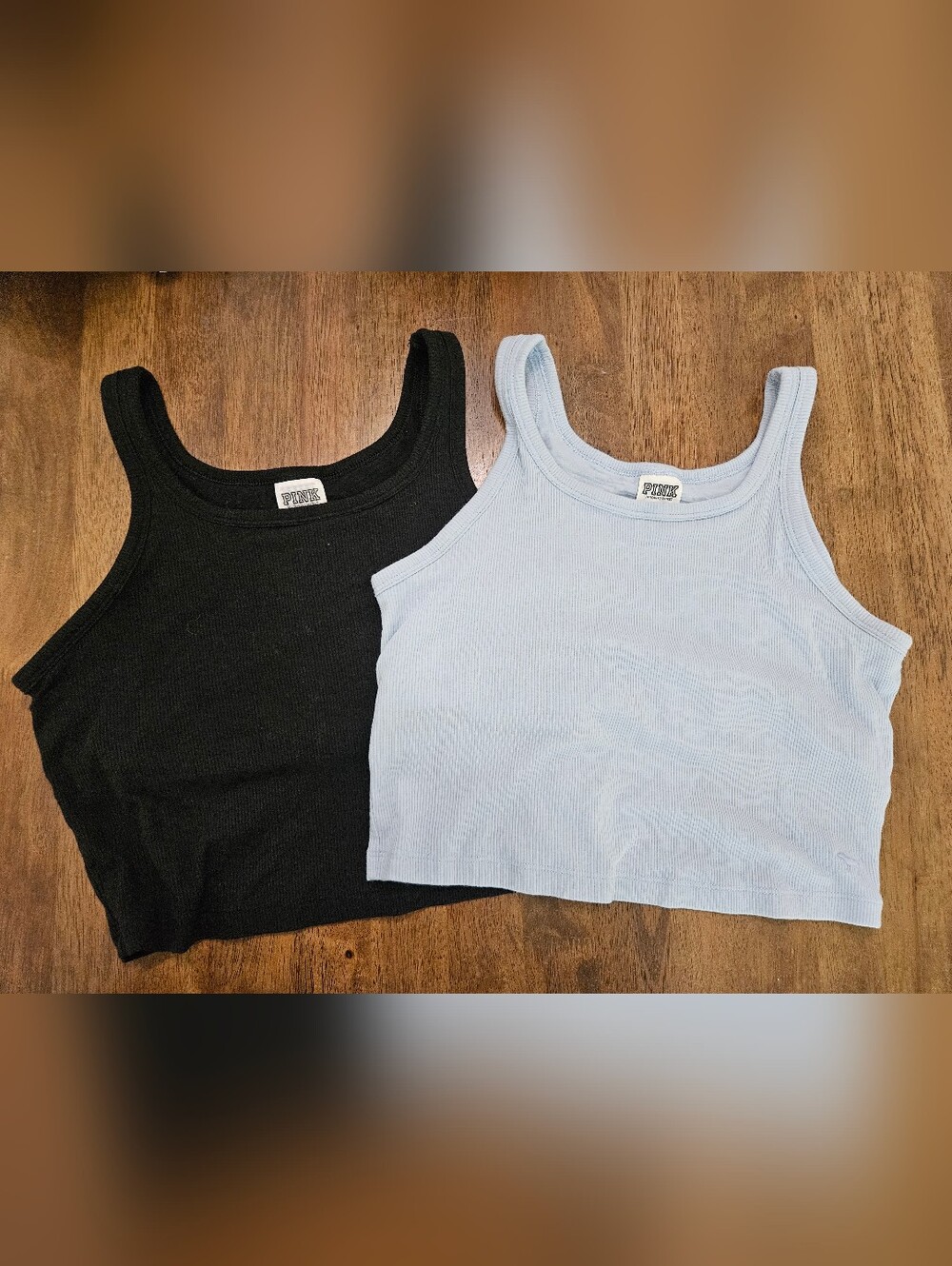 BUNDLE OF 2 - Victoria's Secret PINK Rib Crop Tank Top, Medium, Black And Blue